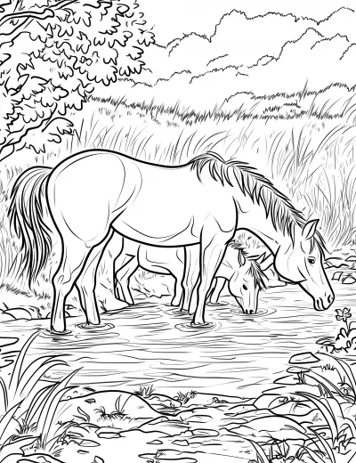 Children’s Coloring Book: Horses Drinking from River