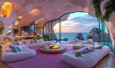 Luxurious Cave House Living Room at Sunset