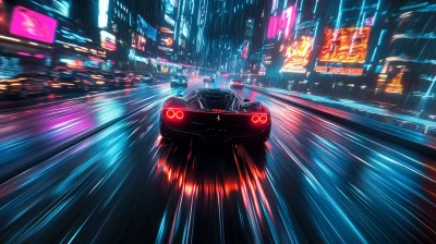 Nighttime Cyberpunk Cityscape with Blurred Ferrari Sports Car