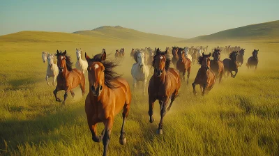 Galloping Horses on Grassland