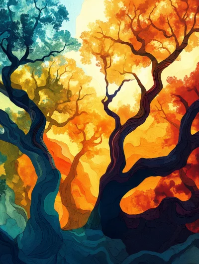 Abstract Oak Trees Mural