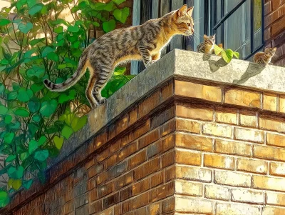 Colorful Garden with Cat on Brick Wall