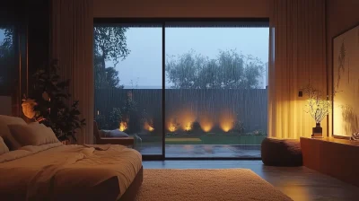 Cozy Bedroom with Wide Glass Window at Night