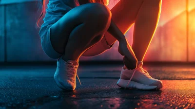 Colorful Lighting Woman Tying Shoelaces