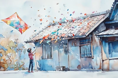 Colorful Kite Flying near House Roof