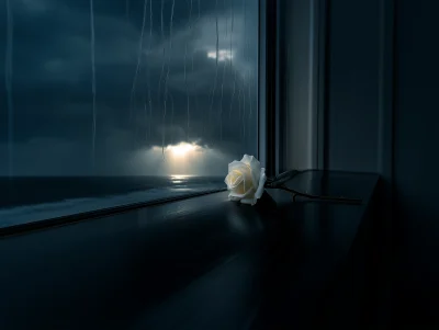 Moody Rose on Window Sill with Stormy Ocean View