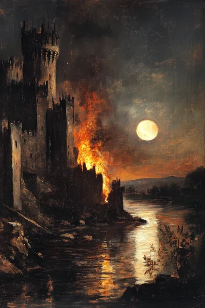 Medieval Castle on Fire at Night