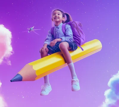 Schoolgirl Sitting on Oversized Pencil in Space Background