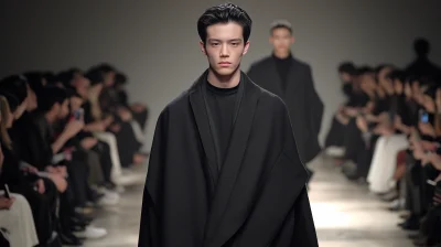 Male Model on Catwalk in Simple Black Poncho