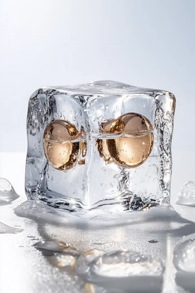 Melting Ice Cube with Gold Earrings