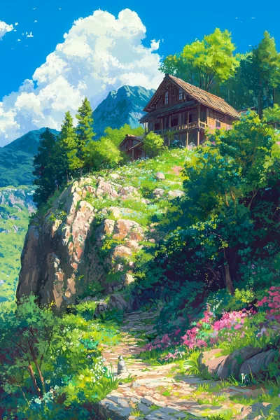 Ghibli-style Landscape with House on Hill