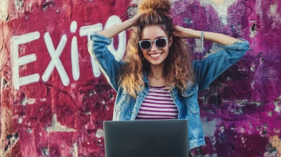 Realistic photo of a young woman holding a laptop