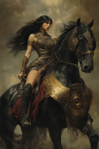 Warrior Woman on Black Horse