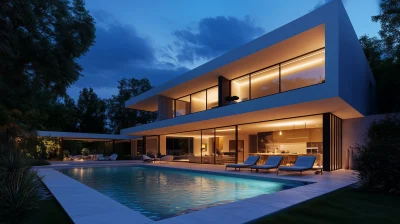 Modern House with Pool at Night