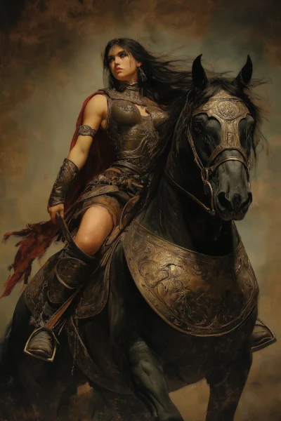 Warrior Woman Riding on Black Horse