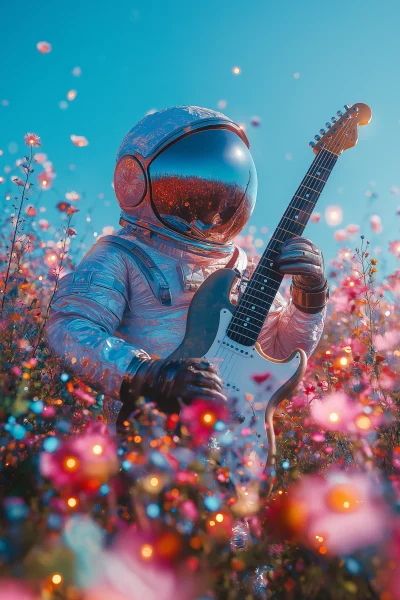 Futuristic Astronaut with Guitar in Flower Field