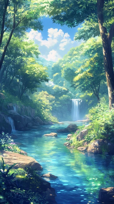 Tranquil Forest River Scene with Crystal