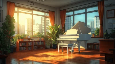 Modern Building Interior with White Grand Piano