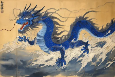 Blue Water Dragon Japanese Painting