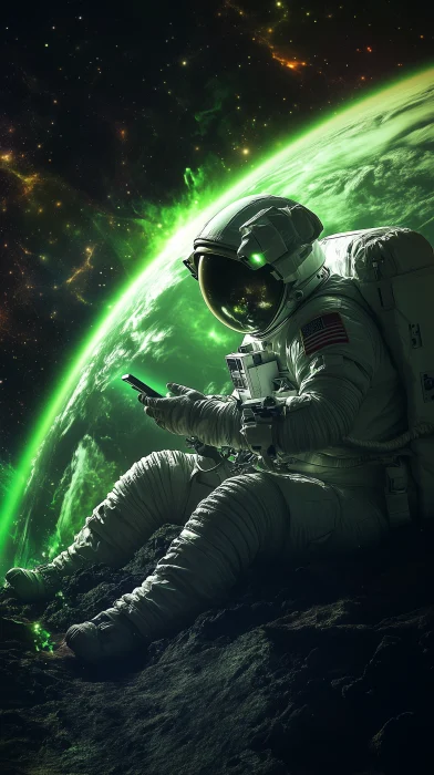 Astronaut Playing on Cell Phone on Alien Planet