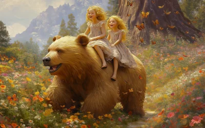 Two Happy Girls Riding a Bear through a Colorful Forest