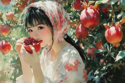 Girl Eating Pomegranate in the Garden