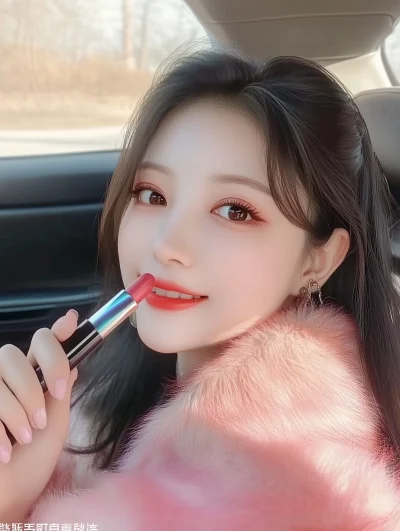 Smiling Chinese girl in car holding lipstick