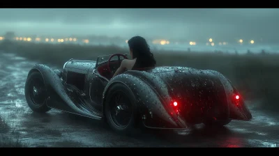 Victorian Gothic Woman Driving Antique Roadster at Night