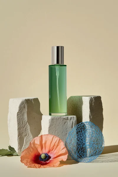 Green Liquid Facial Toner and Poppy Flower Still Life Composition