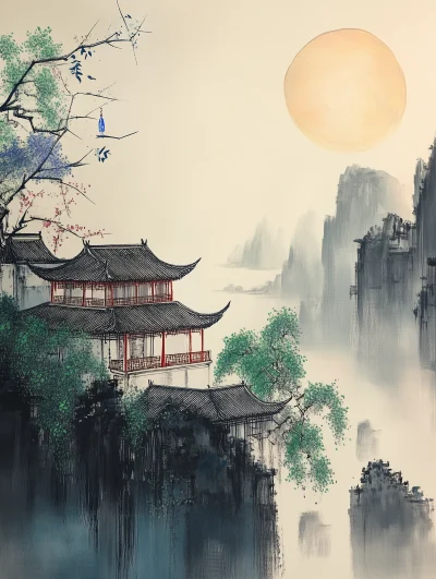 Chinese Moonlit Ink Painting