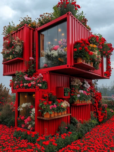 Red container flower village