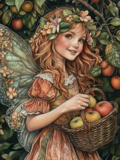 Cheerful Apple Fairy in Orchard