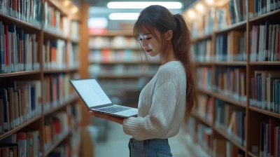 Focused Asian Woman in Library