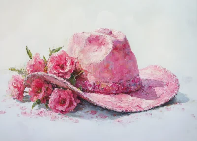 Pink Denim Hat with Pink Flowers Oil Painting