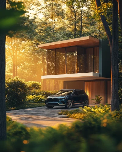 Minimal Luxury House with Car at Morning Sun