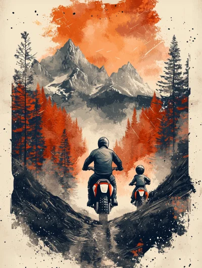 Father and Child Riding Dirt Bikes Illustration