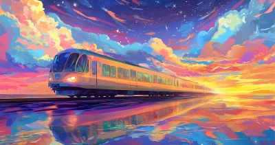 Colorful Train Crossing River Illustration