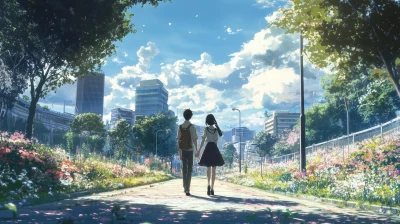 Young couple walking in urban area in anime style