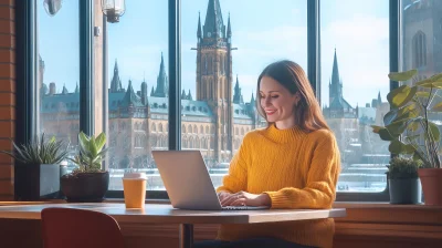 Consultant working in a cafe with a view of Canada Parliament House