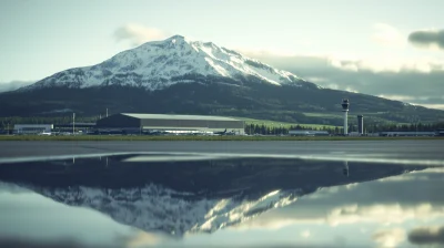 Majestic Snow Capped Mountain Landscape with Wet Pavement Close Up