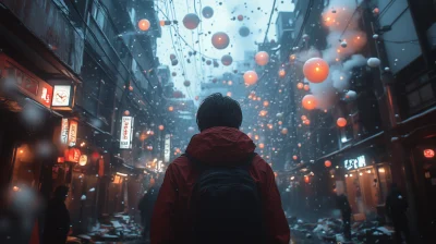 Man staring at glowing orbs in the night