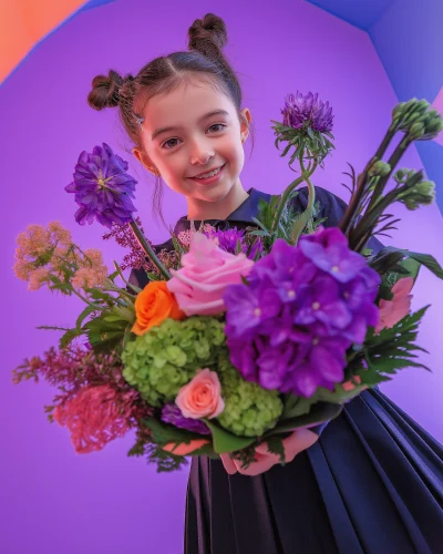 Colorful Schoolgirl with Unusual Bouquet