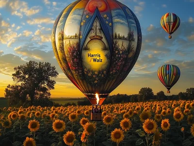 Hot Air Balloon with Text Flying over Sunflower Field