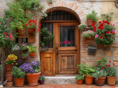 Old House Entrance Decorated with Flowers