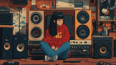 Girl surrounded by musical equipment