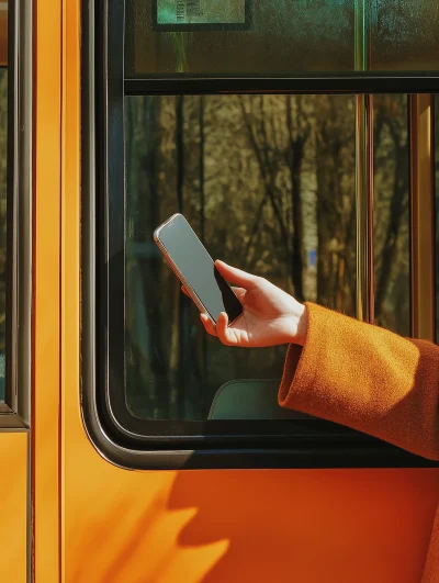 Close-up of Arm and Hand Holding Phone Exiting Modern Orange Bus