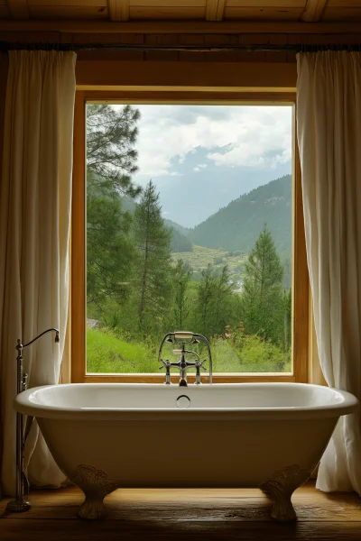 Bathroom with White Bathtub and Himalayas View