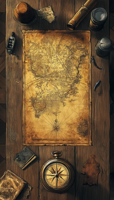 Top view of a wooden table with treasure map and compass