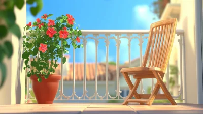 Morning Glory and Wooden Chair on Balcony