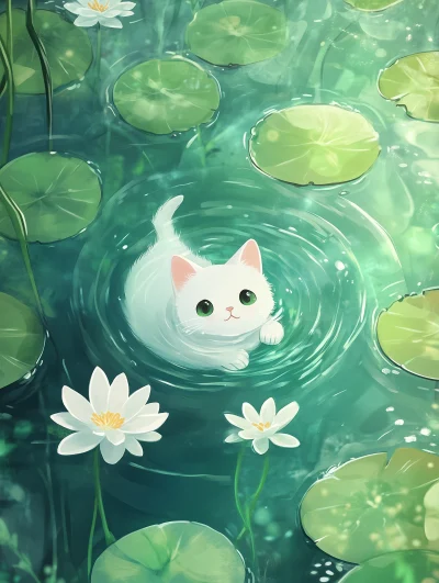 Cat Swimming in a Pond